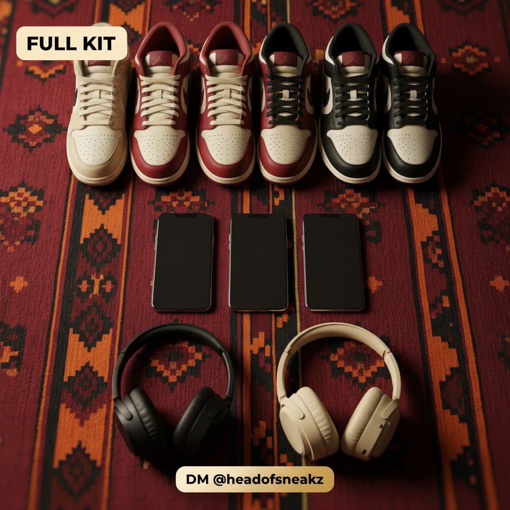 The Head Full Kit sneaker and tech flat-lay